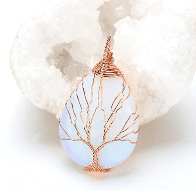 Natural Quartz Opal Stone Pendants Handmade Rose Gold Color Handmade Tree of Life Wrapped Drop Shaped Crystal Pendant Necklace