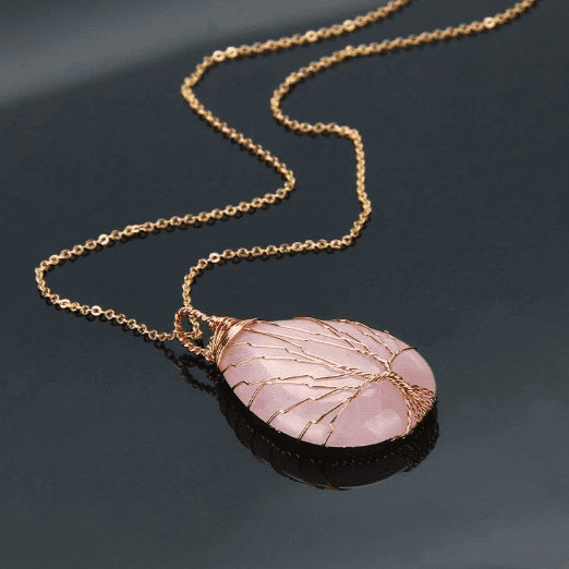 Natural Quartz Opal Stone Pendants Handmade Rose Gold Color Handmade Tree of Life Wrapped Drop Shaped Crystal Pendant Necklace