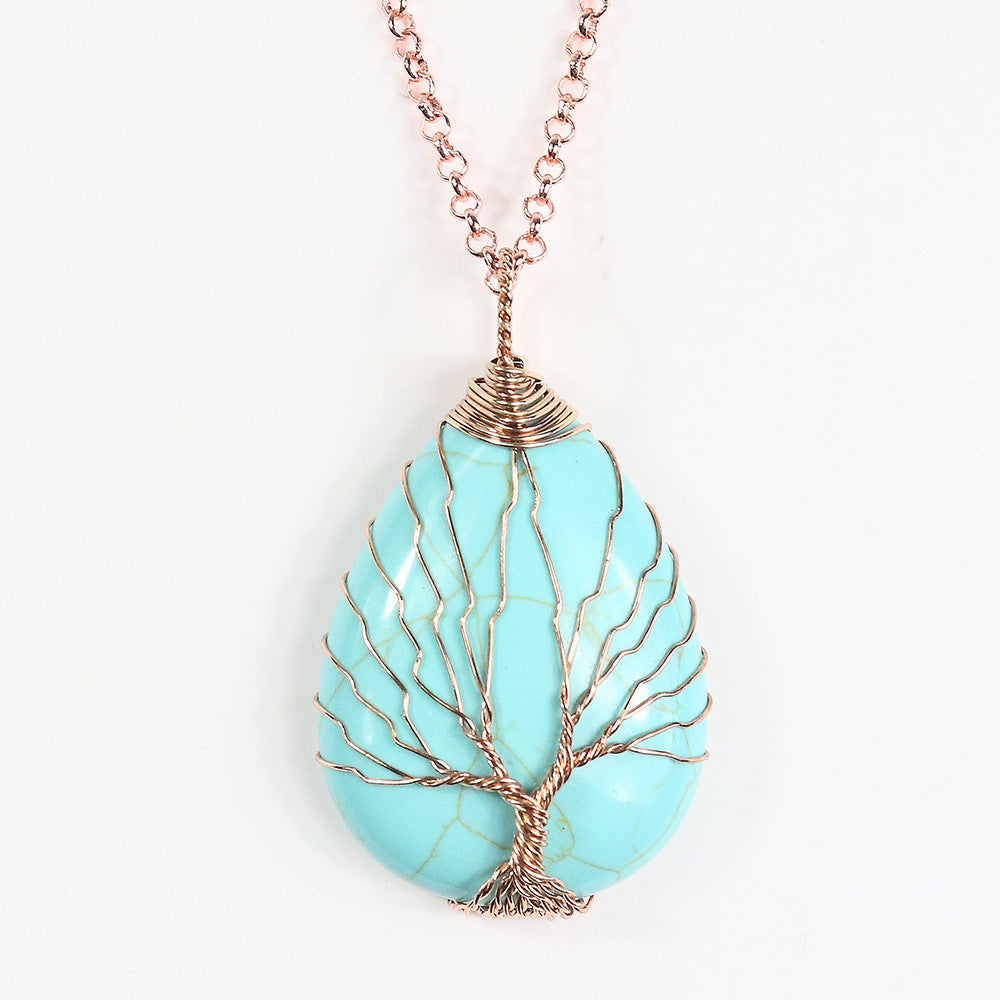 Natural Quartz Opal Stone Pendants Handmade Rose Gold Color Handmade Tree of Life Wrapped Drop Shaped Crystal Pendant Necklace