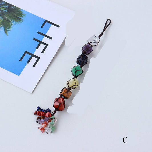 Cross-border New Product Natural Seven-color Crystal Semi-precious Stone Seven Chakra Car Pendant Rough Stone Pendant Hand-woven Wholesale