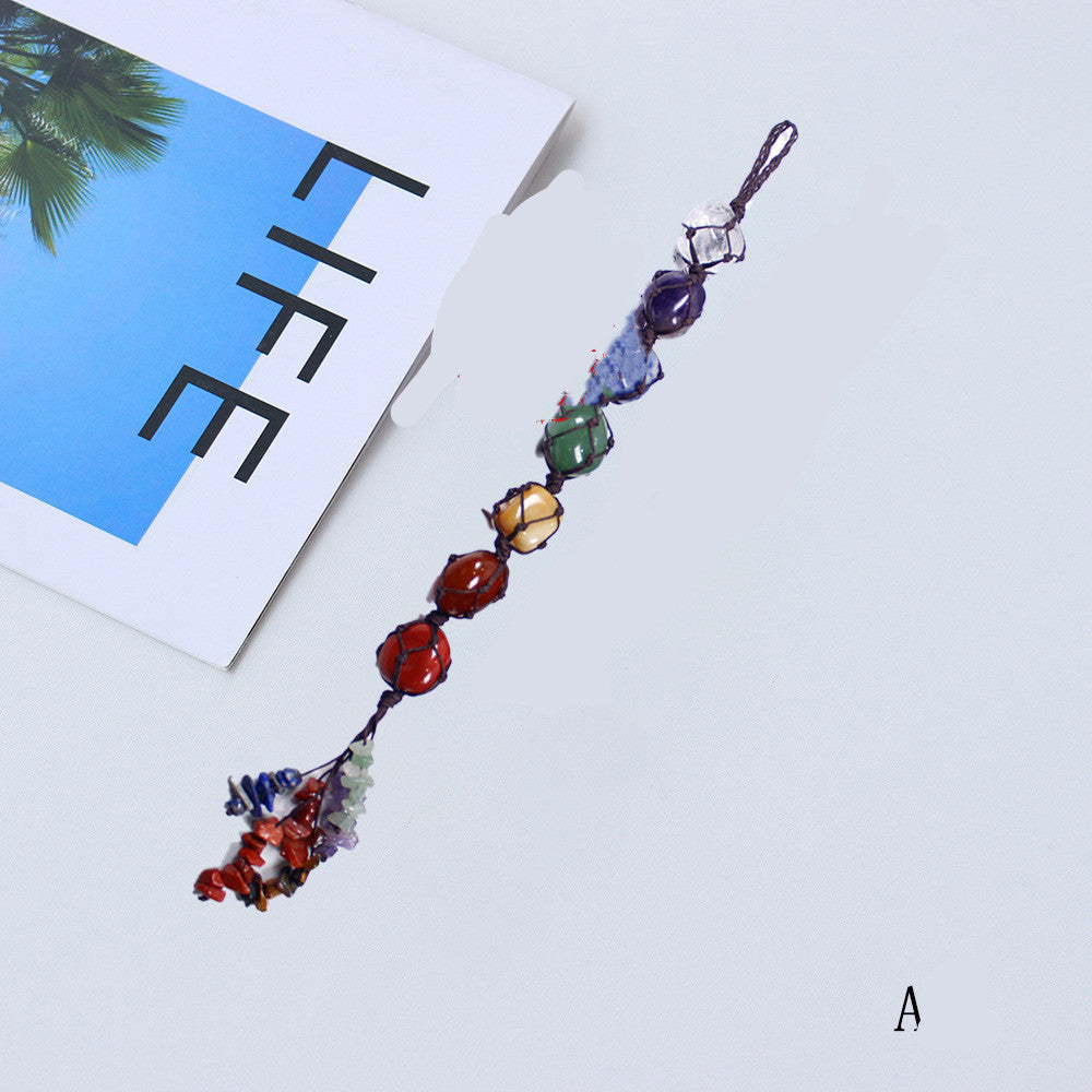 Cross-border New Product Natural Seven-color Crystal Semi-precious Stone Seven Chakra Car Pendant Rough Stone Pendant Hand-woven Wholesale