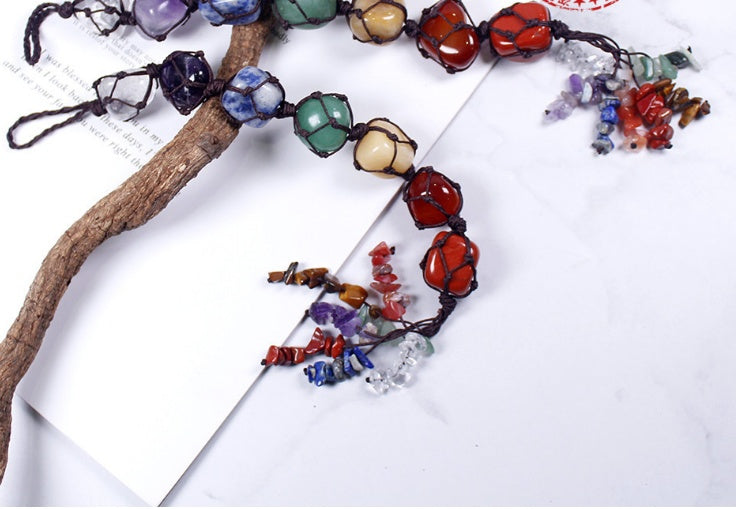 Cross-border New Product Natural Seven-color Crystal Semi-precious Stone Seven Chakra Car Pendant Rough Stone Pendant Hand-woven Wholesale