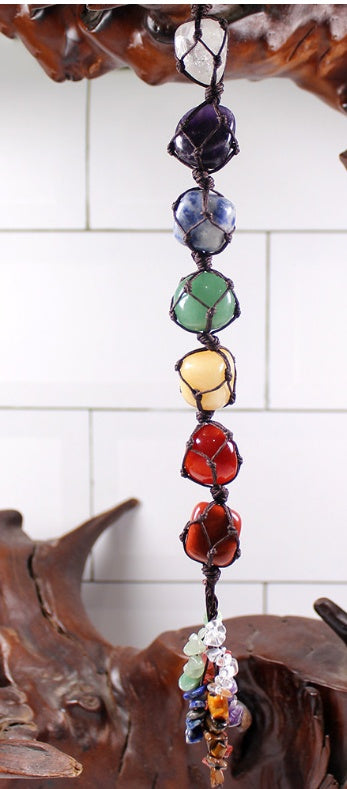 Cross-border New Product Natural Seven-color Crystal Semi-precious Stone Seven Chakra Car Pendant Rough Stone Pendant Hand-woven Wholesale