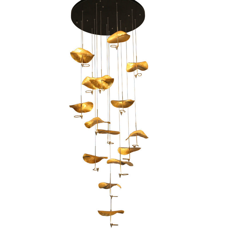 Chinese Zen All Copper Lotus Leaf Stair Long Chandelier