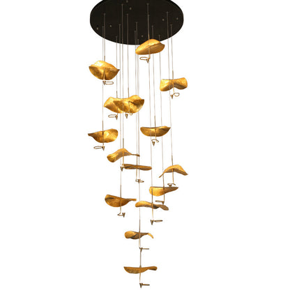 Chinese Zen All Copper Lotus Leaf Stair Long Chandelier