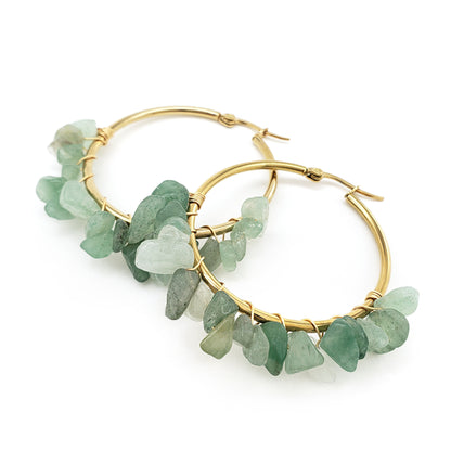 Large Circle Natural Crystal Stone Earrings Hand-wrapped Green Donglin Stone Women's Commuter Stainless Steel Earrings