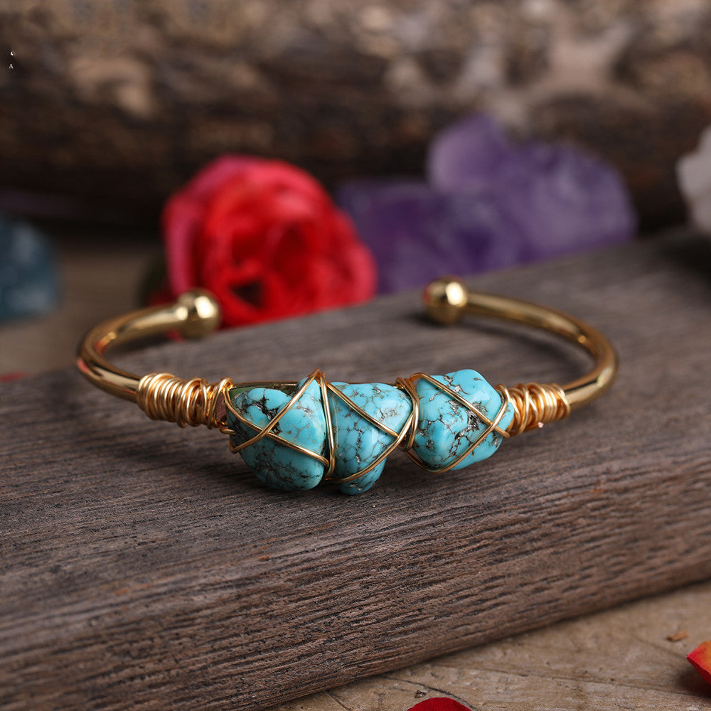 Gold Copper Wire Wrapped With Natural Turquoise Inlay Bracelet