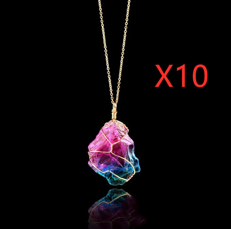 Seven-Color Natural Stone Rough Stone Winding Crystal Pendant Transparent Multi-Color Stone Chain Necklace Necklace