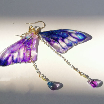 Handmade Copper Wire Epoxy Blue Purple Butterfly Wings Earrings