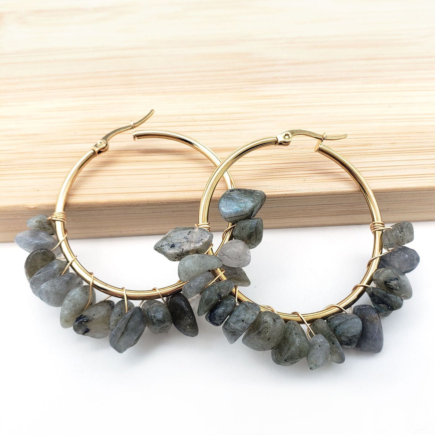 Large Circle Natural Crystal Stone Earrings Hand-wrapped Green Donglin Stone Women's Commuter Stainless Steel Earrings