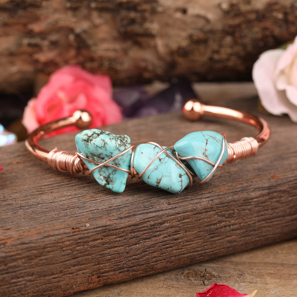 Gold Copper Wire Wrapped With Natural Turquoise Inlay Bracelet