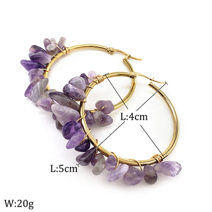 Large Circle Natural Crystal Stone Earrings Hand-wrapped Green Donglin Stone Women's Commuter Stainless Steel Earrings