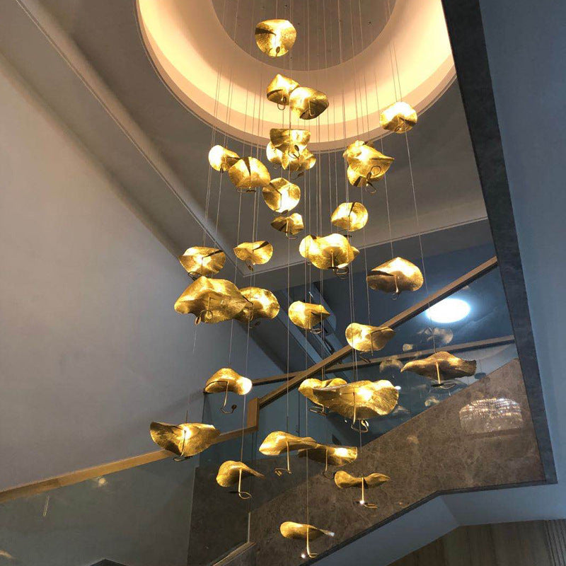 Chinese Zen All Copper Lotus Leaf Stair Long Chandelier