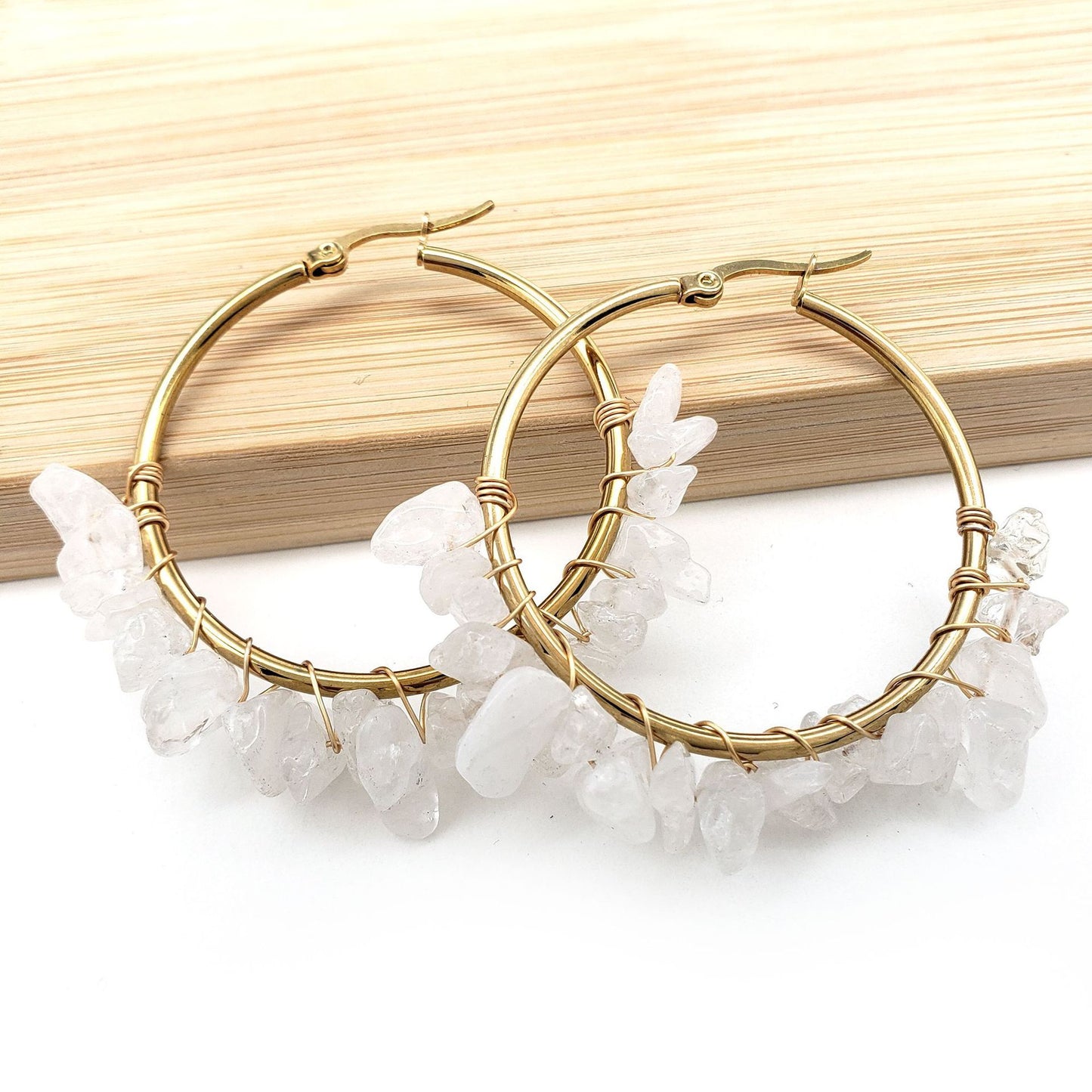 Large Circle Natural Crystal Stone Earrings Hand-wrapped Green Donglin Stone Women's Commuter Stainless Steel Earrings